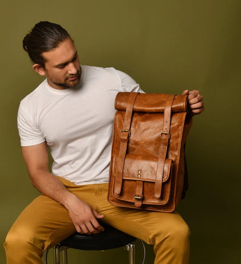 Leather Rolltop Backpack Men Laptop Everyday Rucksack|Leather Travel Bag Backpack For Her|Personalized Christmas Gifts For Him and Her