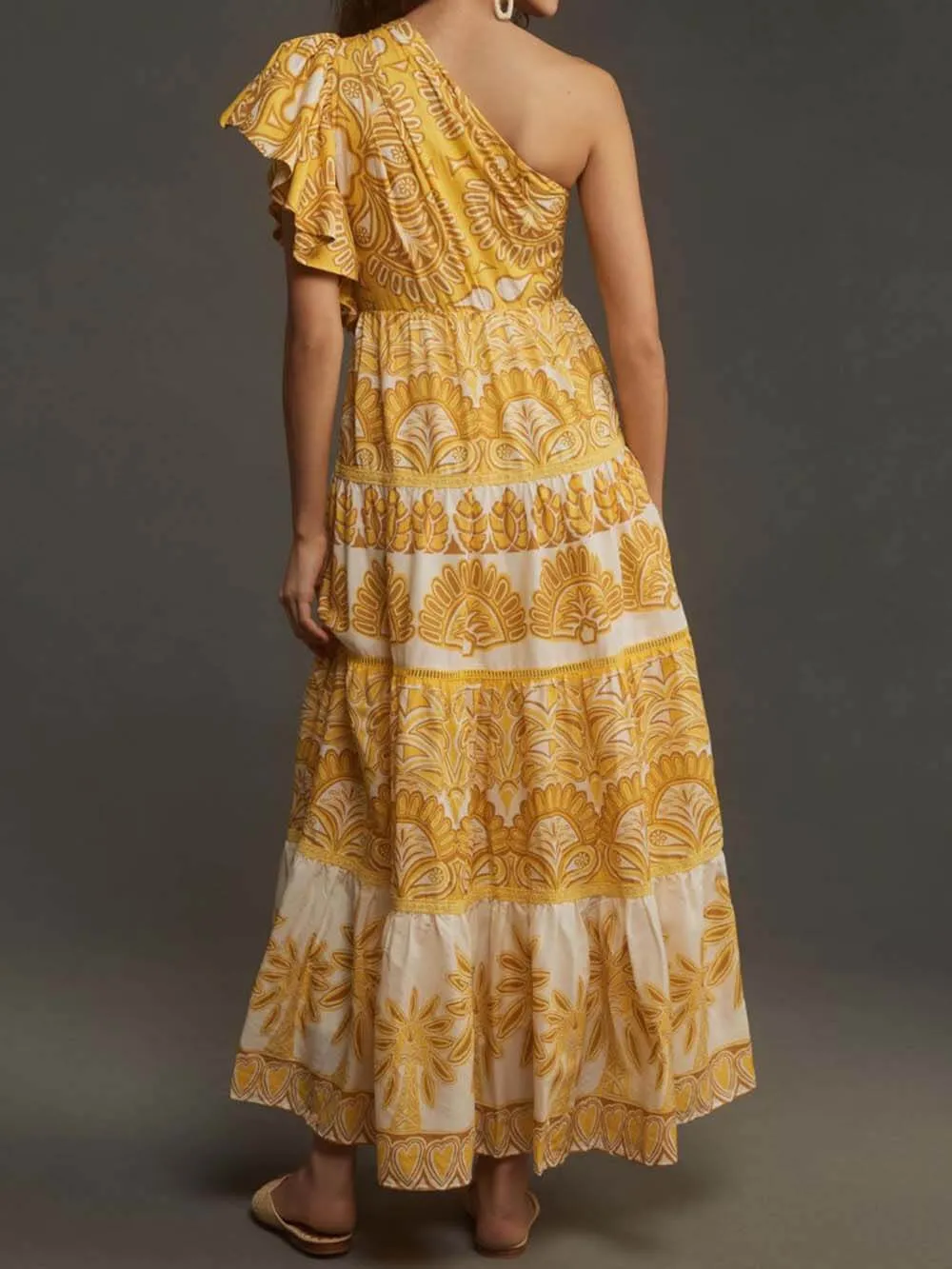 Exquisite Unique Print One Shoulder Ruffle Sleeve Tiered Maxi Dress