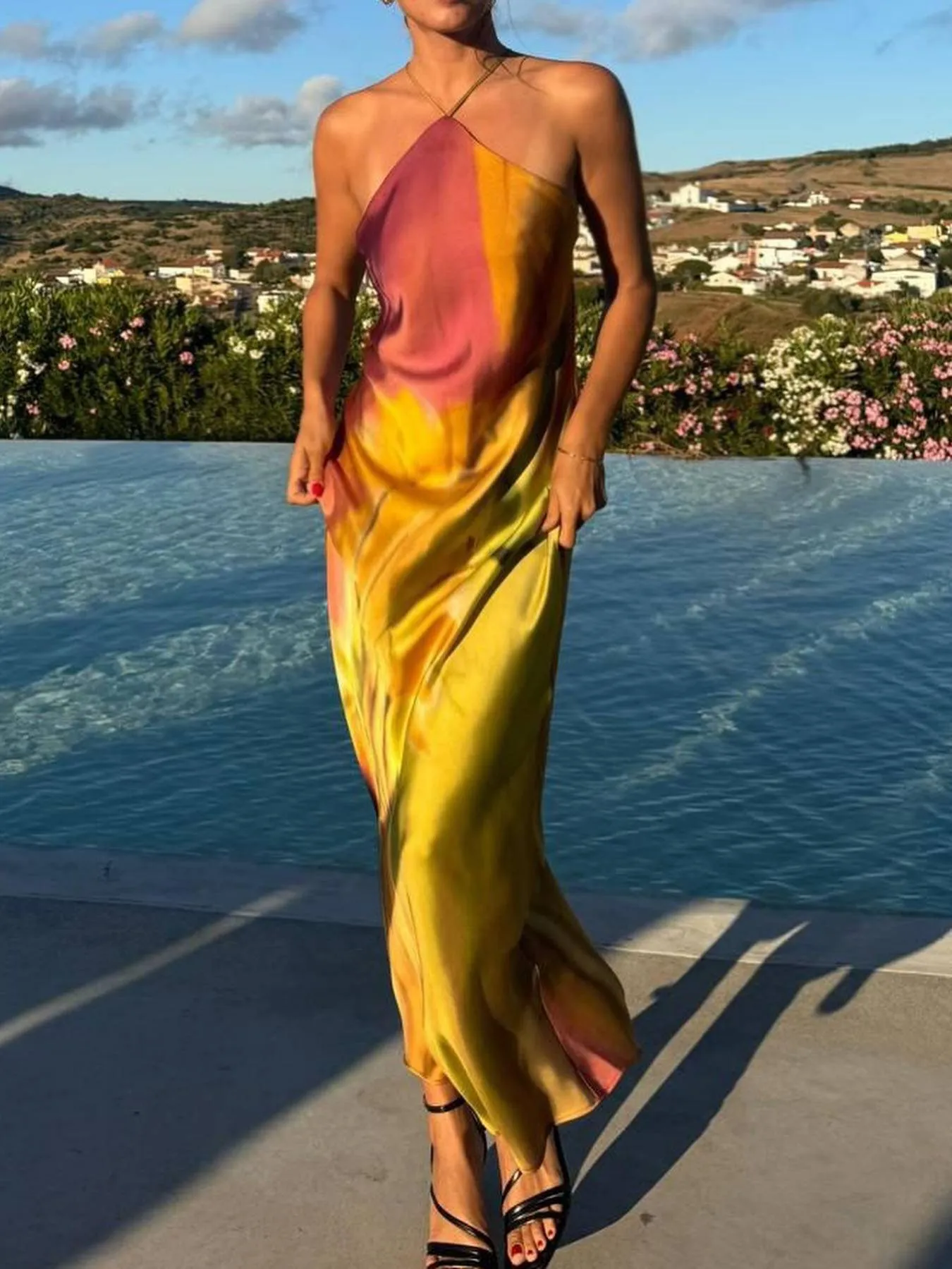 Satin Printed Backless Dress