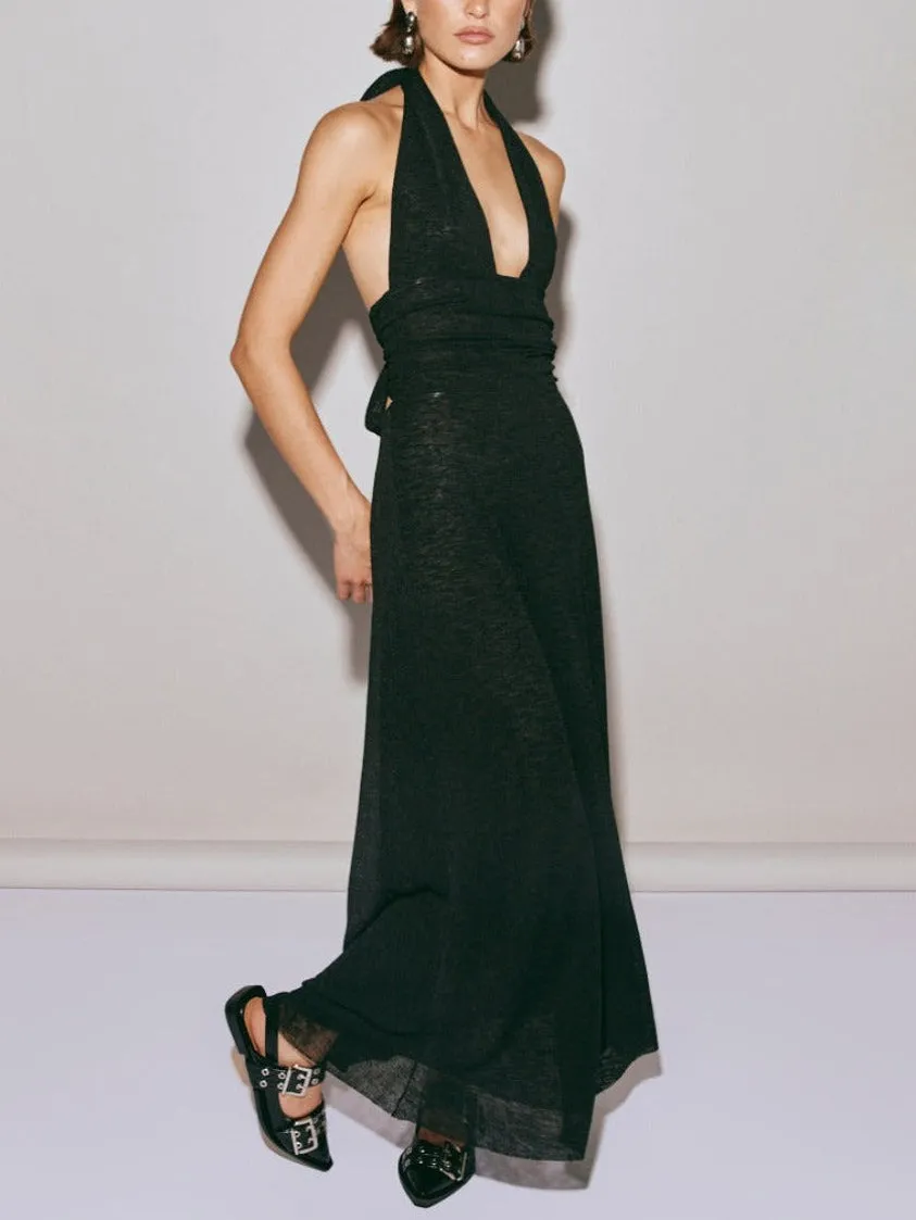 Halter Neck Deep V-Neck Slim Fit Pleated Backless Midi Dress