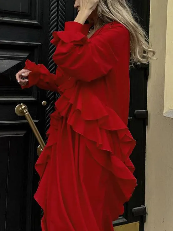 V-neck Ruffled Long-sleeve Dress