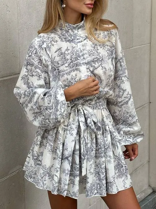 Printed Bubble Sleeve Stand Collar Dress