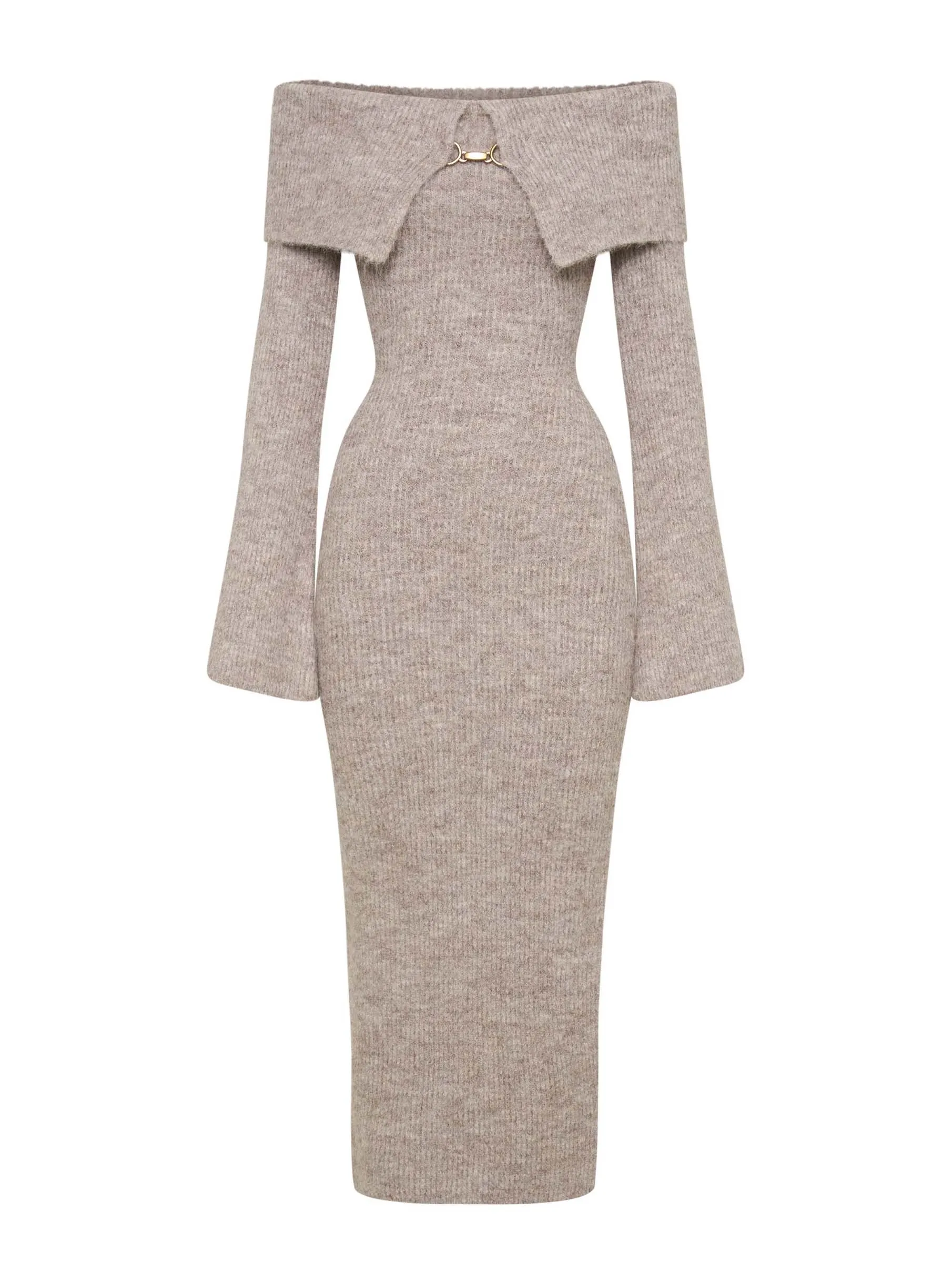 Sexy Off-The-Shoulder Fluffy Knit Midi Dress