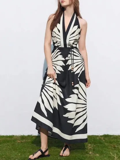Unique Beautiful Floral Print Halter Neck Midi Dress