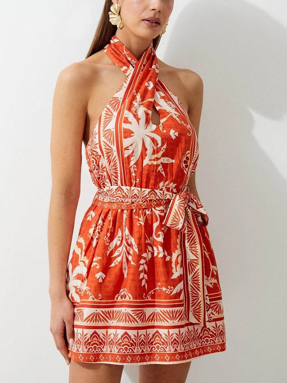 Exquisite High Waist Unique Floral Print Open Back Mini Dress