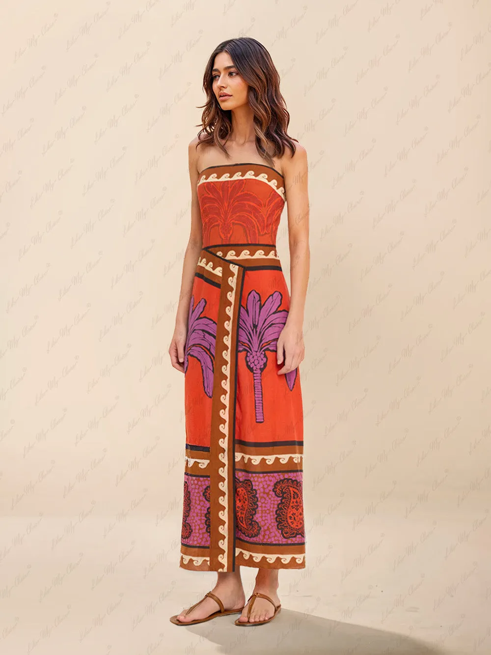 Unique Palm Tree Floral Off-Shoulder Midi Dress