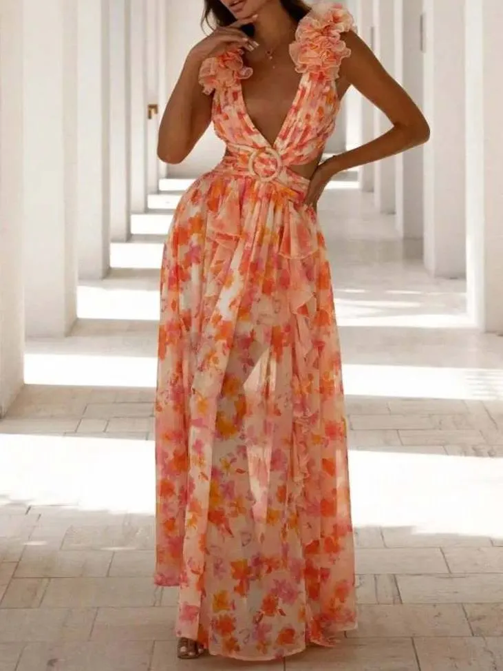 Deep V-neck Floral Hollow Maxi Dress