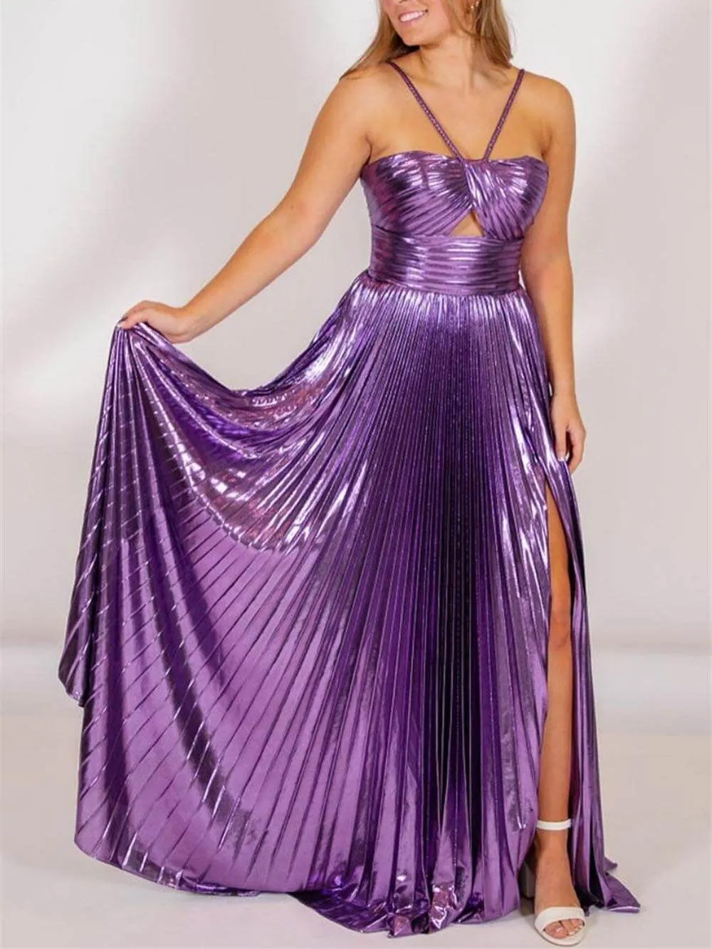 Elegant Queen Style Metallic Fabric Cross Neck Cutout Slit Pleated Maxi Dress