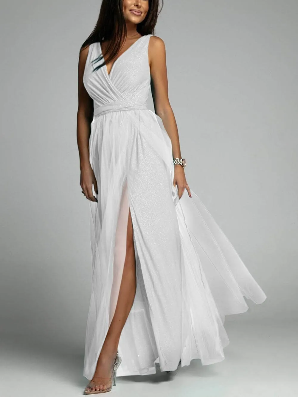 Elegant And Sexy V-Neck Waisted Slit Long Swing Maxi Dress