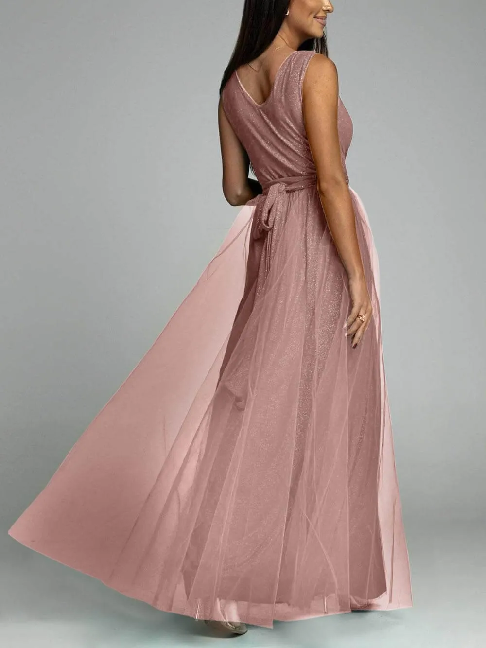 Elegant And Sexy V-Neck Waisted Slit Long Swing Maxi Dress
