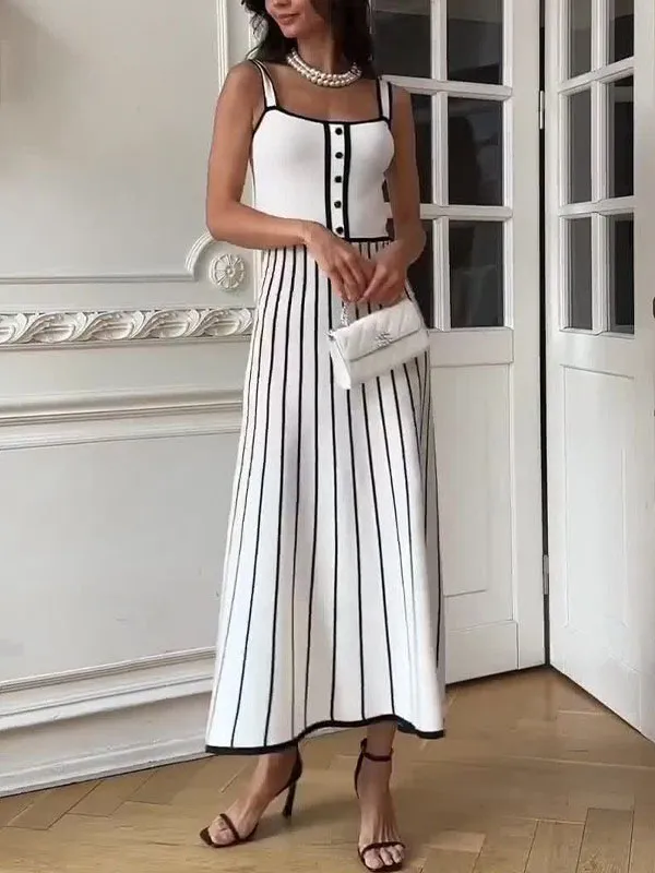 Vintage Suspender Striped Contrast Knitted Midi Dress