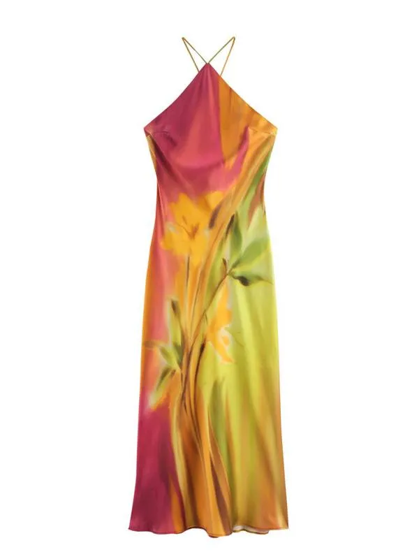 Satin Printed Backless Dress