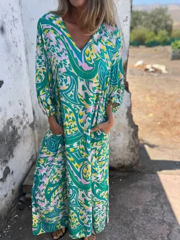 Printed V-neck Pullover Long-sleeved Loose Dress