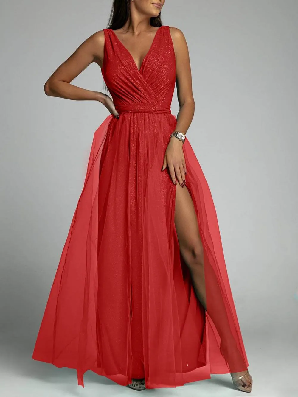 Elegant And Sexy V-Neck Waisted Slit Long Swing Maxi Dress