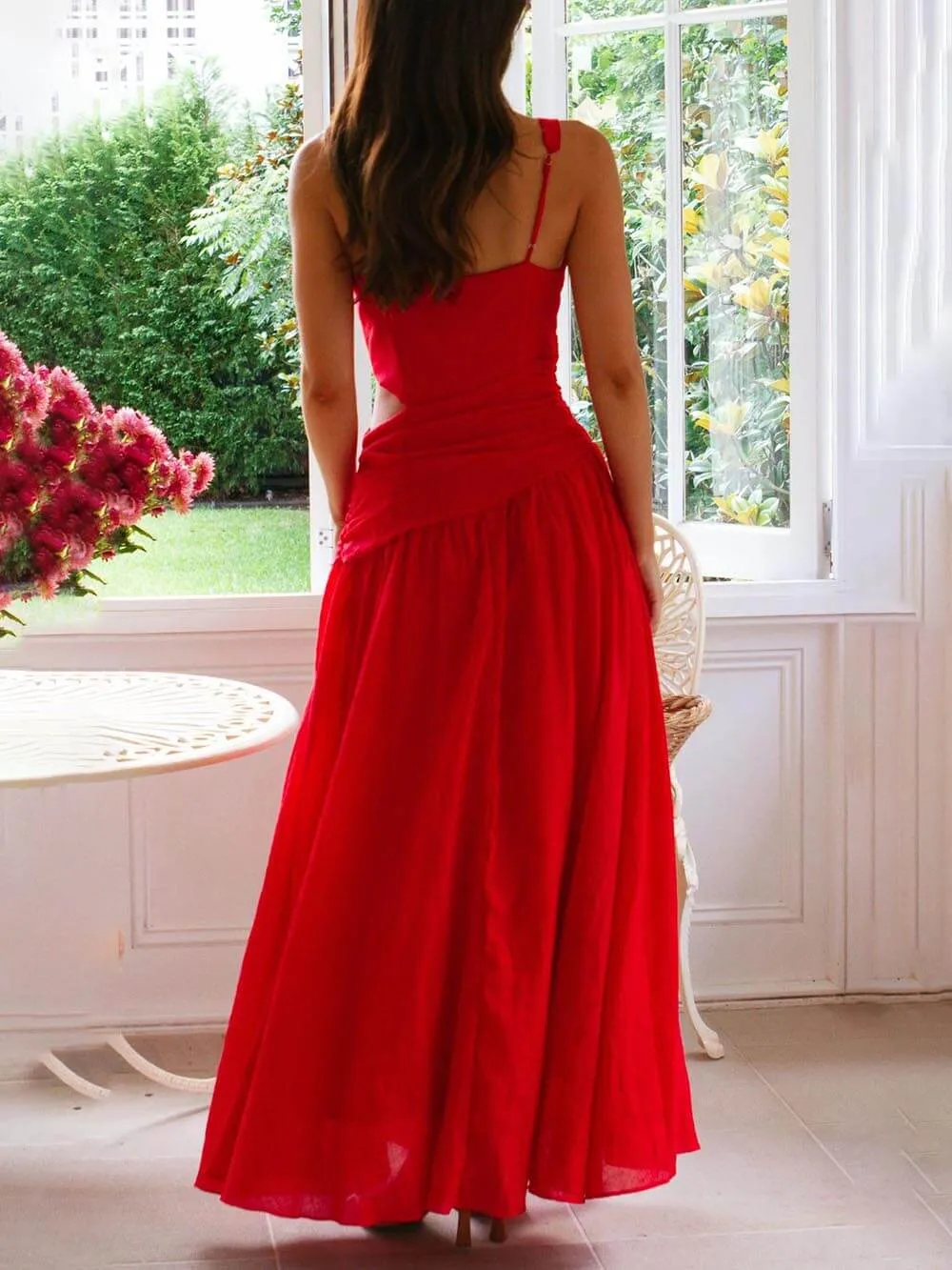 Elegant Backless Pleated V-Neck Splicing Maxi Dress