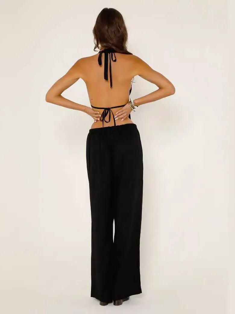 Vacation Style Halterneck Top And Wide-leg Pants Two-piece Set