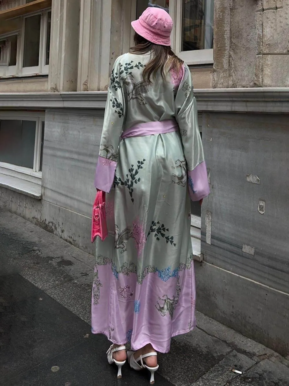 Relaxed Holiday Loose Long-Sleeved Satin Robe Dress