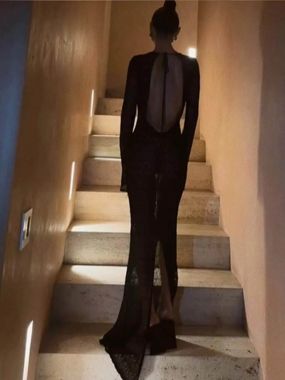 Retro Knit Contrast Spiral Trim Cutout Long Sleeve Vacation Maxi Dress