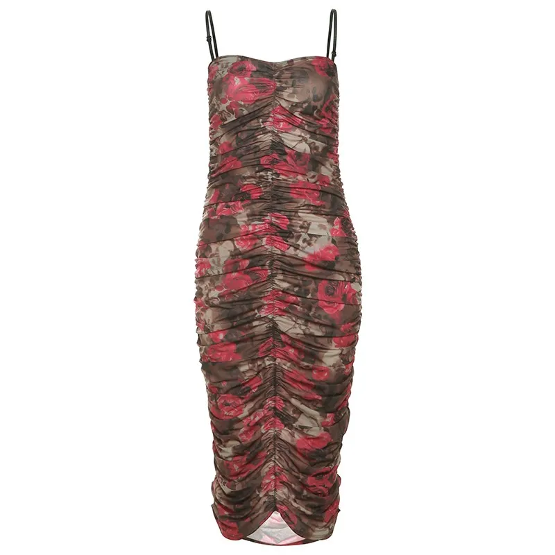 Retro Style Sexy Backless Pleated Suspender Print Dress