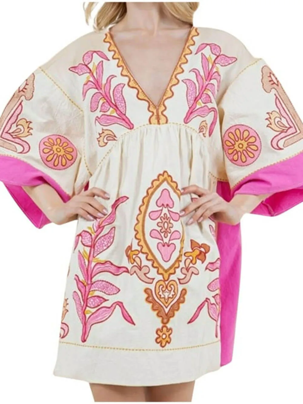 Boho Floral Print 3/4 Sleeve V-Neck A Line Swing Mini Dress