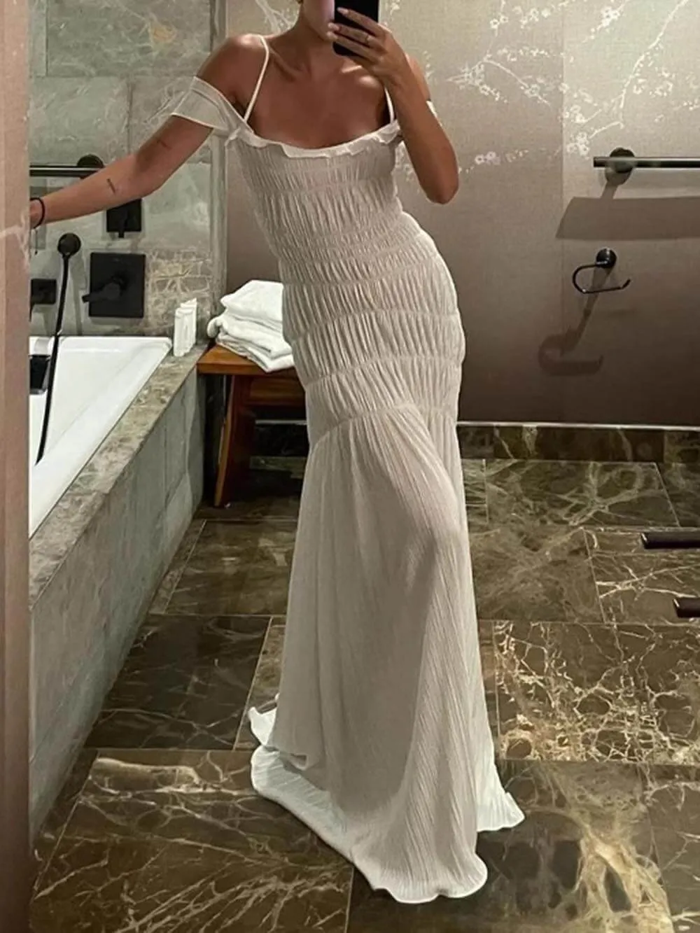 Classic Ruffled Pleated Suspender Maxi Dress