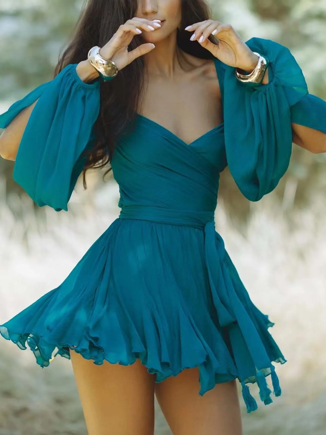 Sexy V-neck Lantern Sleeves Flowy Mini Dress