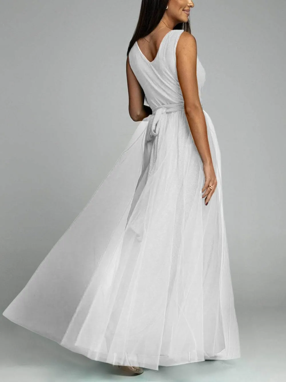 Elegant And Sexy V-Neck Waisted Slit Long Swing Maxi Dress