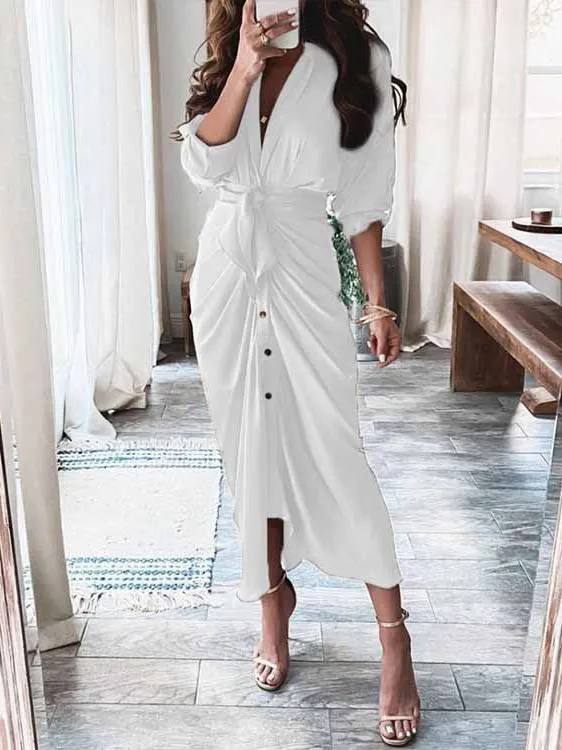 V-neck Pleated Strap Dress