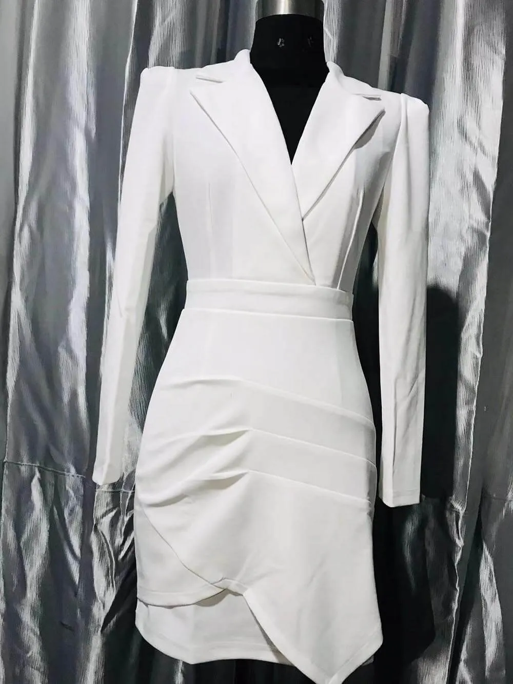 Classic Irregular Pleated Slim-Fit Suit Collar Mini Dress (Without Belt)