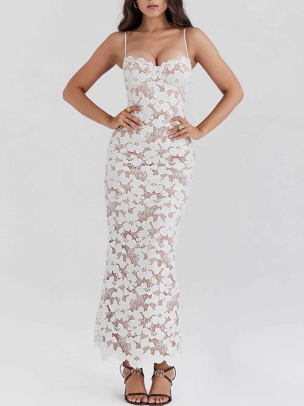 Stylish Sexy Lace Halter See-Through Midi Dress