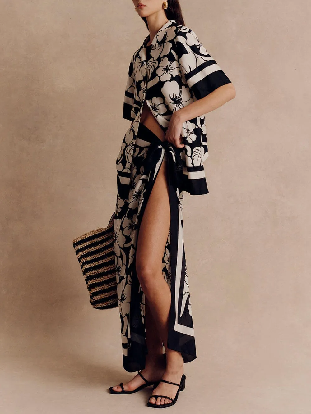 Modern Exquisite Feeling Unique Tropical Ink Print Lace-Up Slit Skirt