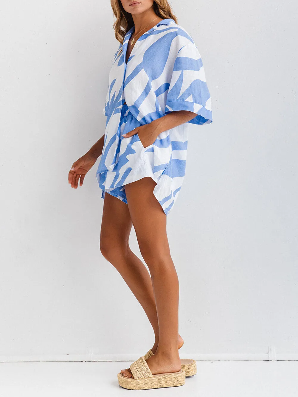 Loose Printed Island Blue Shirt Short Resort Style Suit