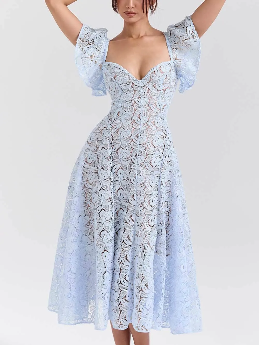 Romantic Bluebell Lace Butterfly Sleeve Sweetheart Neck Stretch Midi Dress