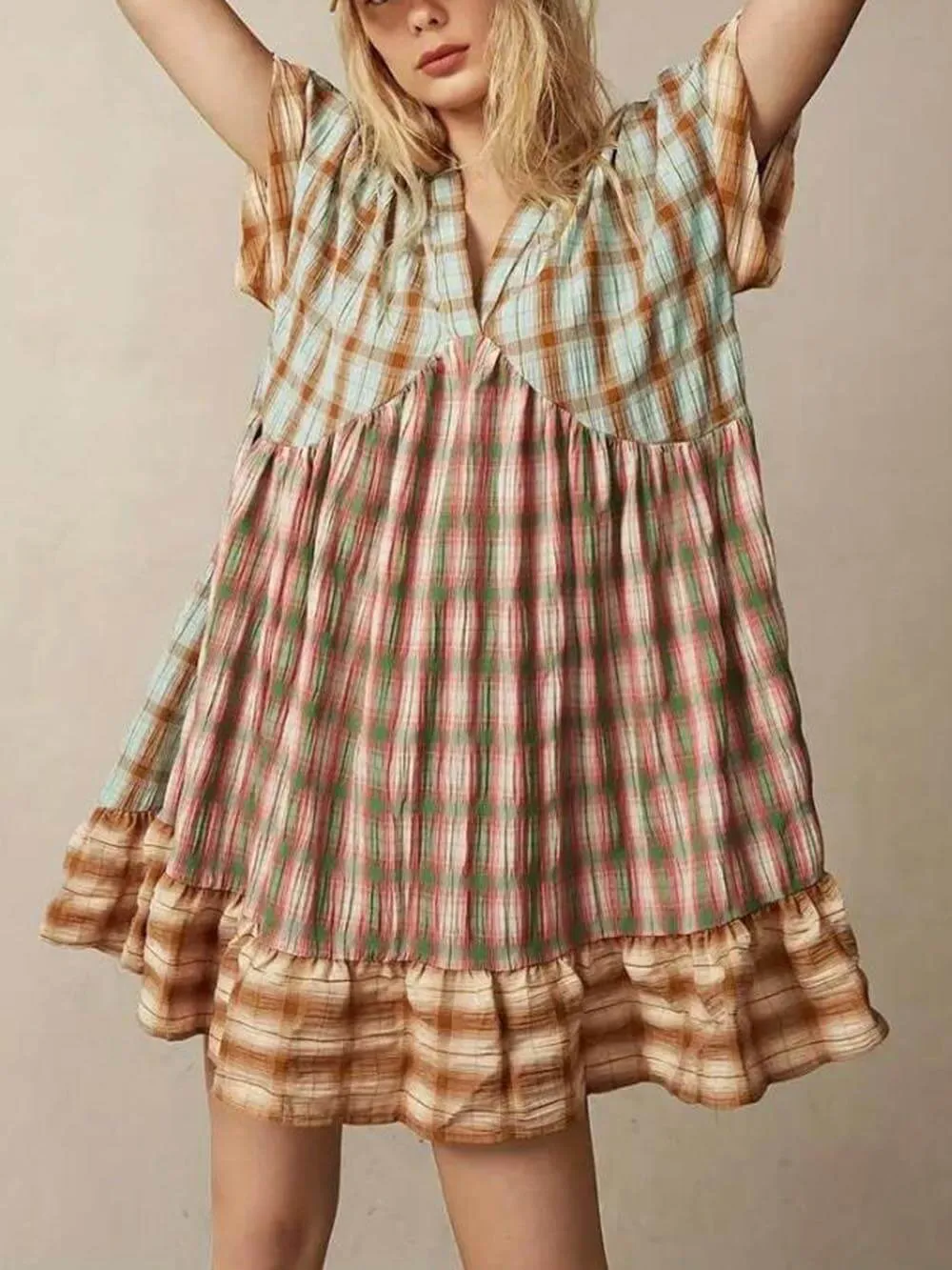 Unique Multicolored Plaid Patchwork Vacation Mini Dress