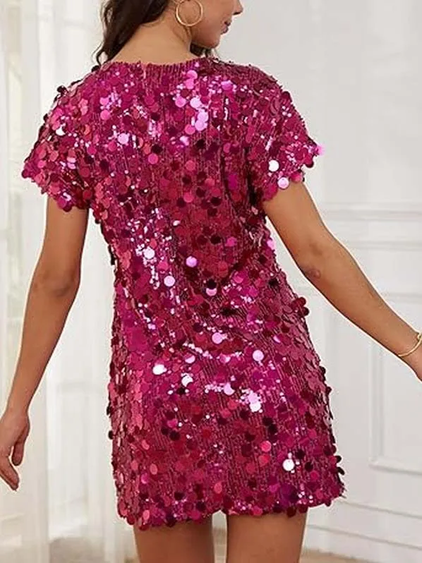 Fashion Short Sleeve Sequin Loose Mini Dress