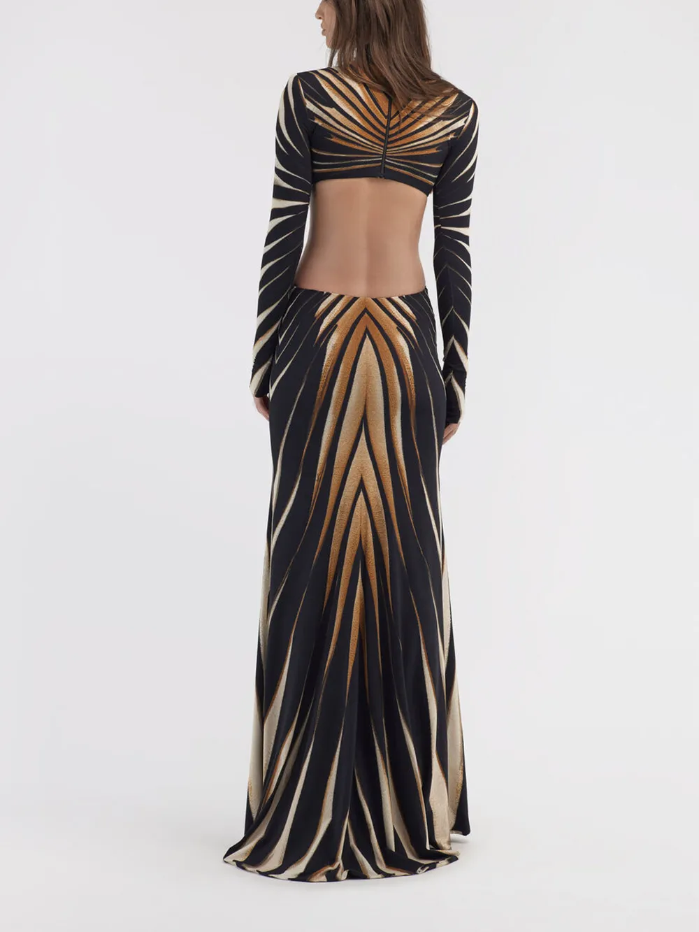 Gold Print Openwork Knit Maxi Dress