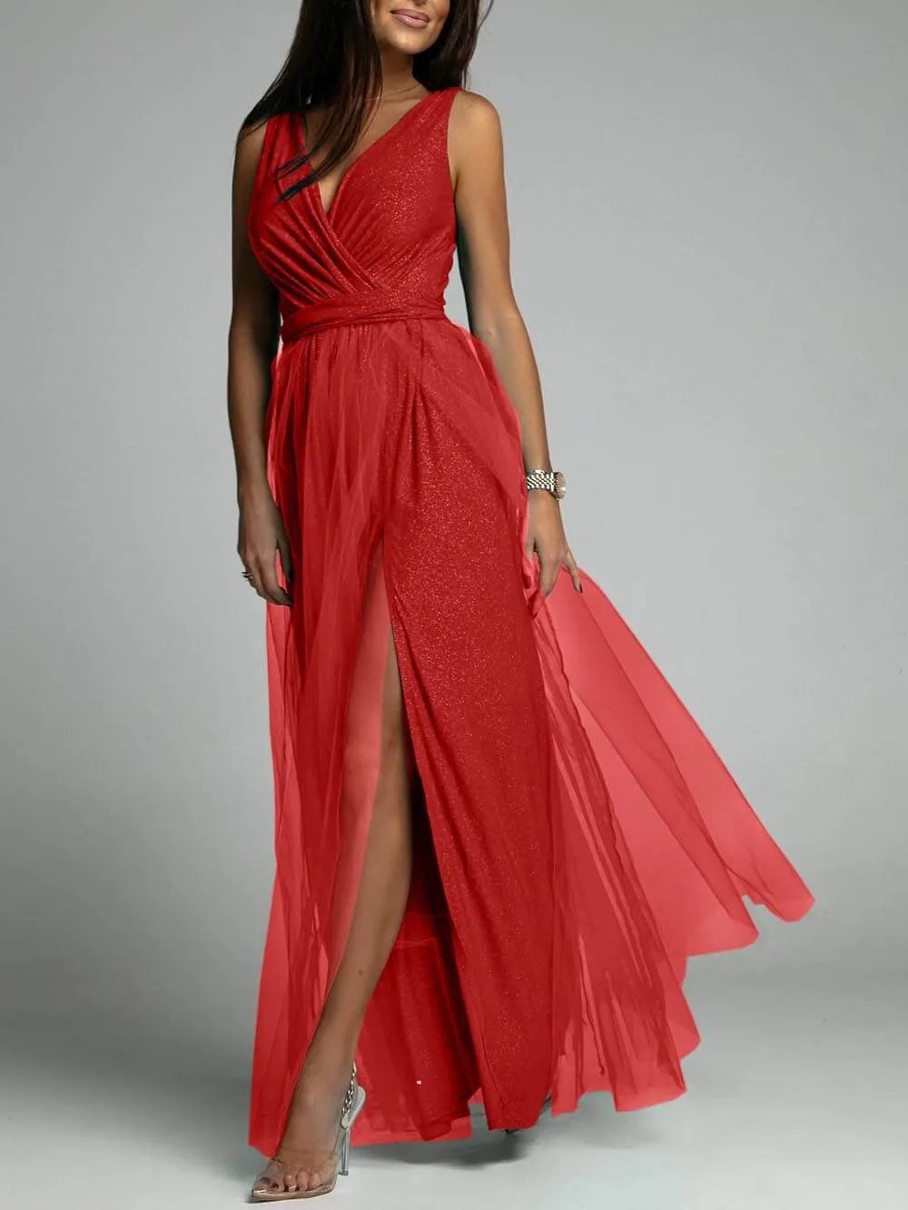 Elegant And Sexy V-Neck Waisted Slit Long Swing Maxi Dress