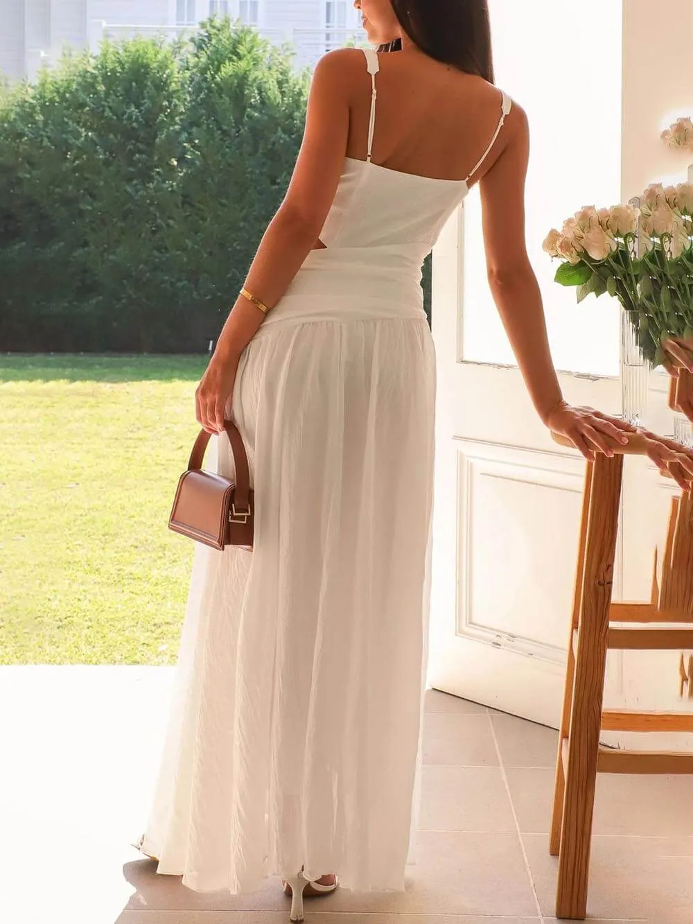 Elegant Backless Pleated V-Neck Splicing Maxi Dress