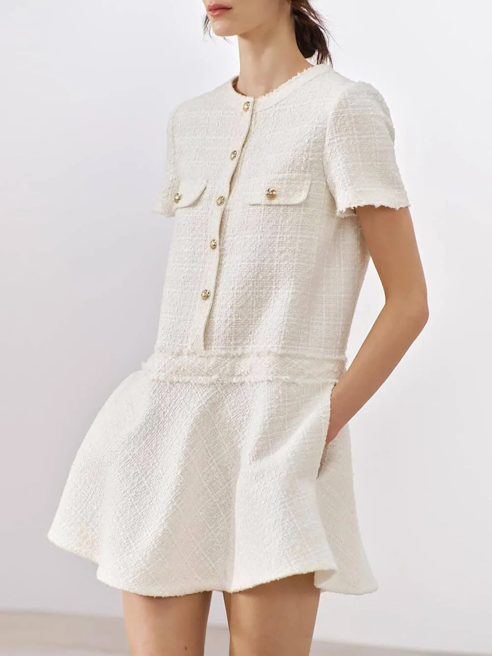 Sweet And Elegant Tweed Textured Short Sleeve Pocketed Mini Dress