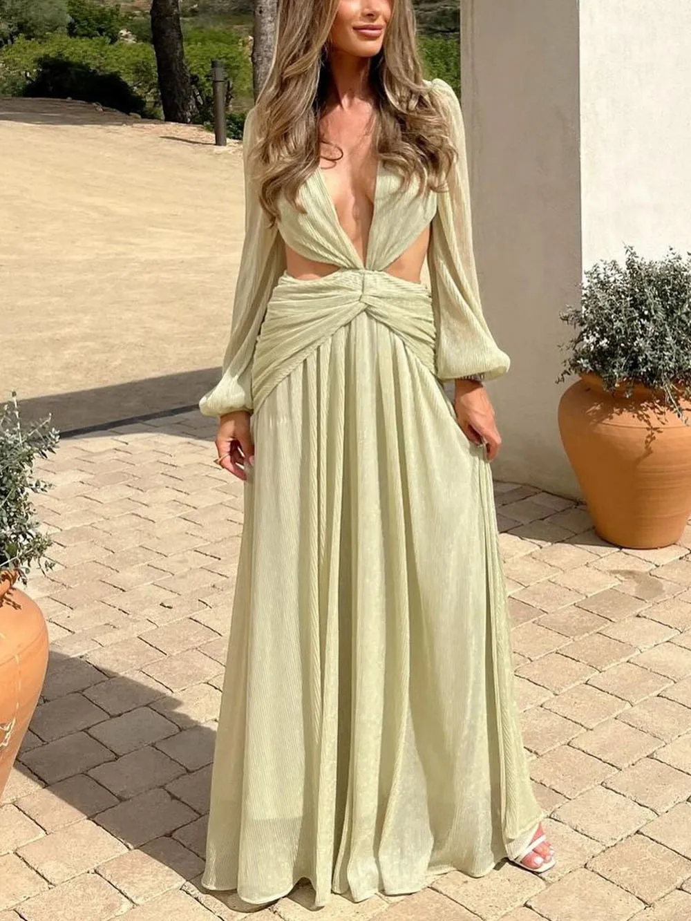 Elegant Deep V Neck Cutout Pleated Maxi Dress