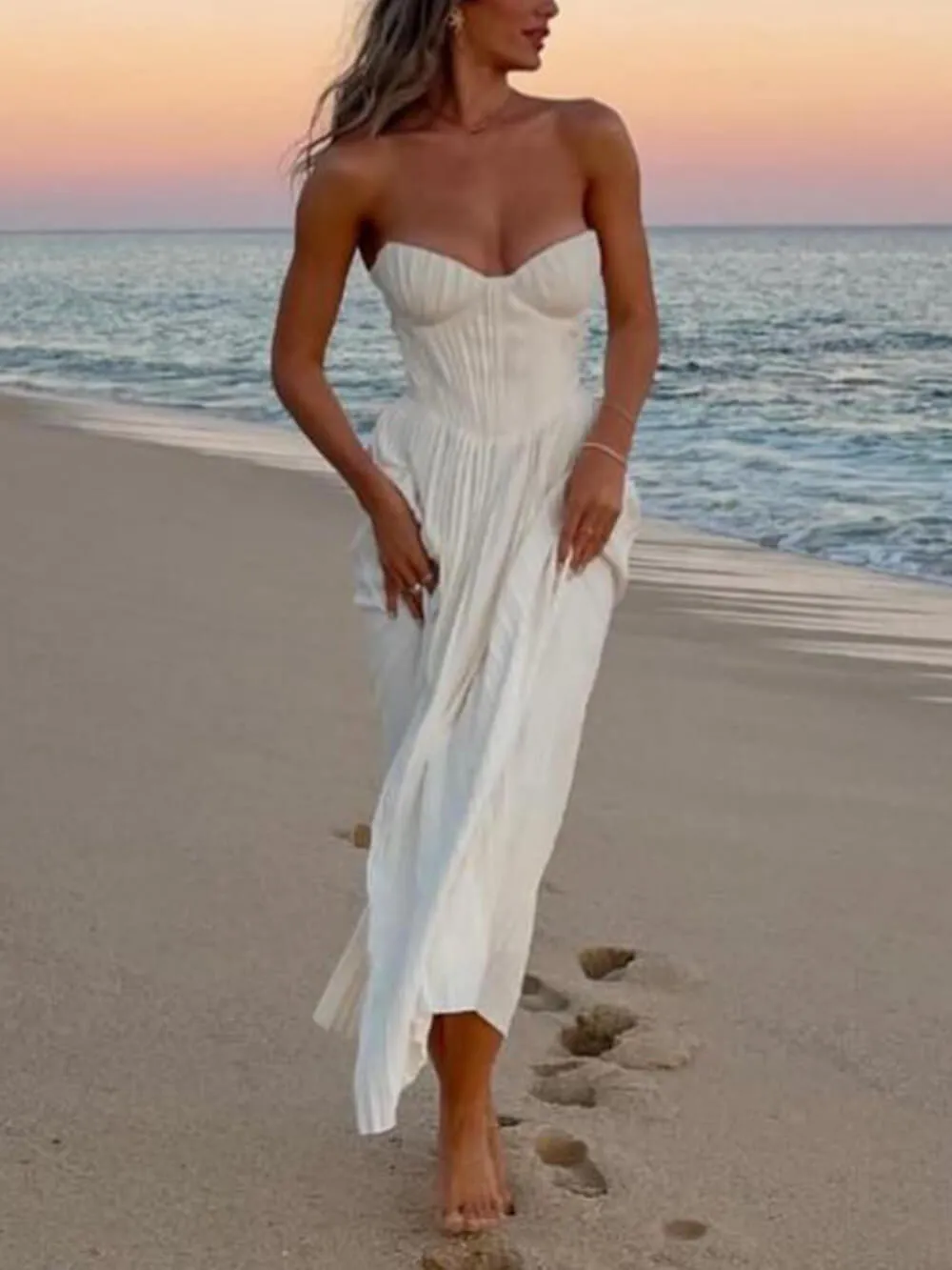 Elegant Pleated Strapless Maxi Dress