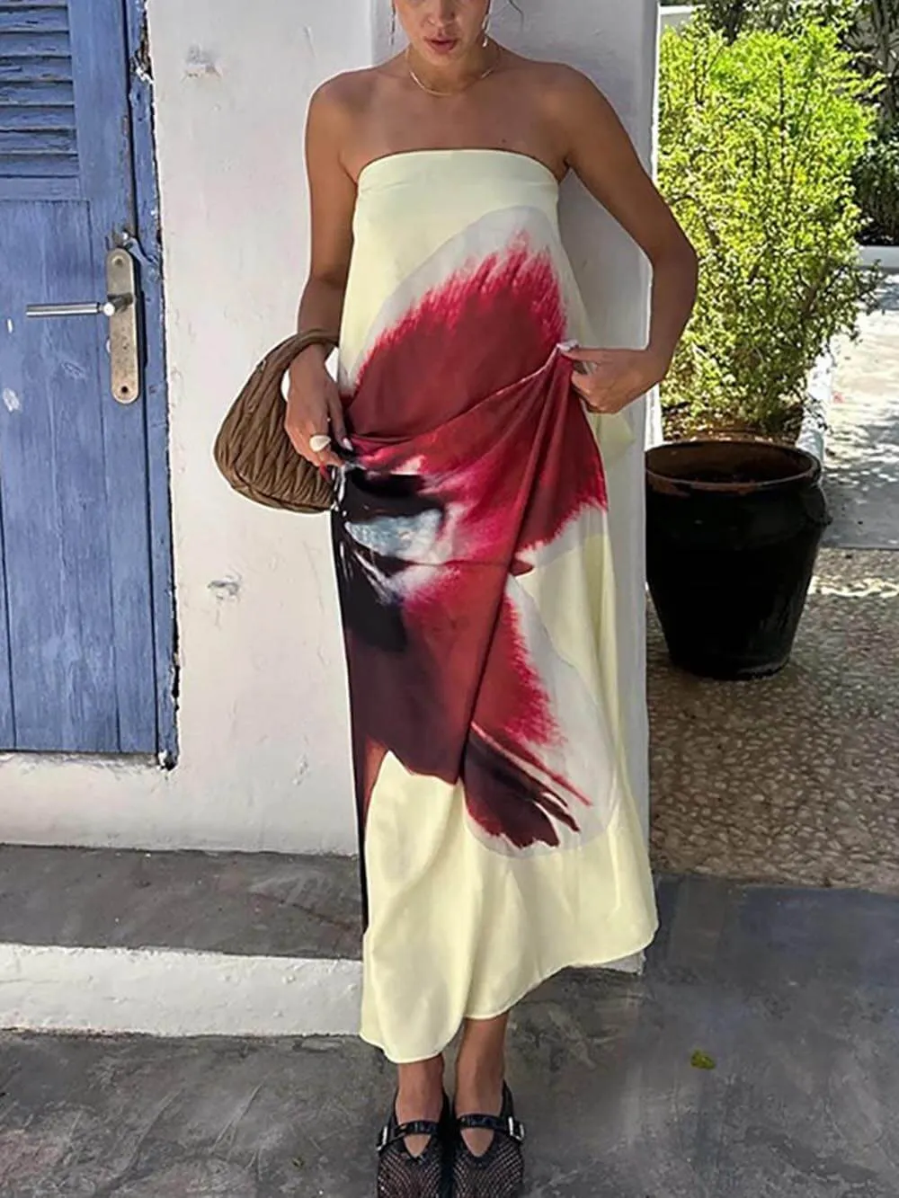 Elegant Floral Print Sexy Strapless Backless Maxi Dress