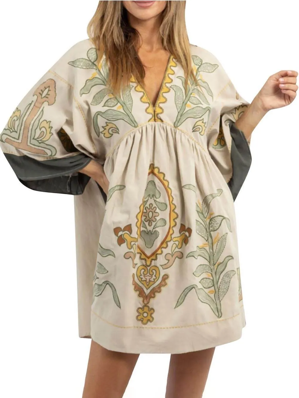 Boho Floral Print 3/4 Sleeve V-Neck A Line Swing Mini Dress