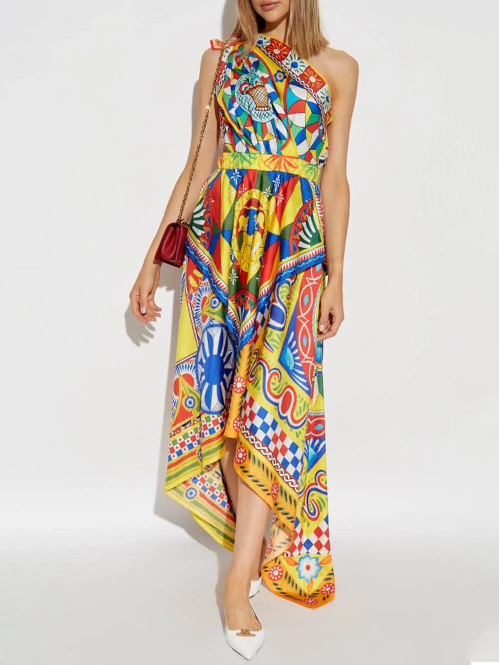 Unique Printed One-Shoulder Irregular Midi Dress