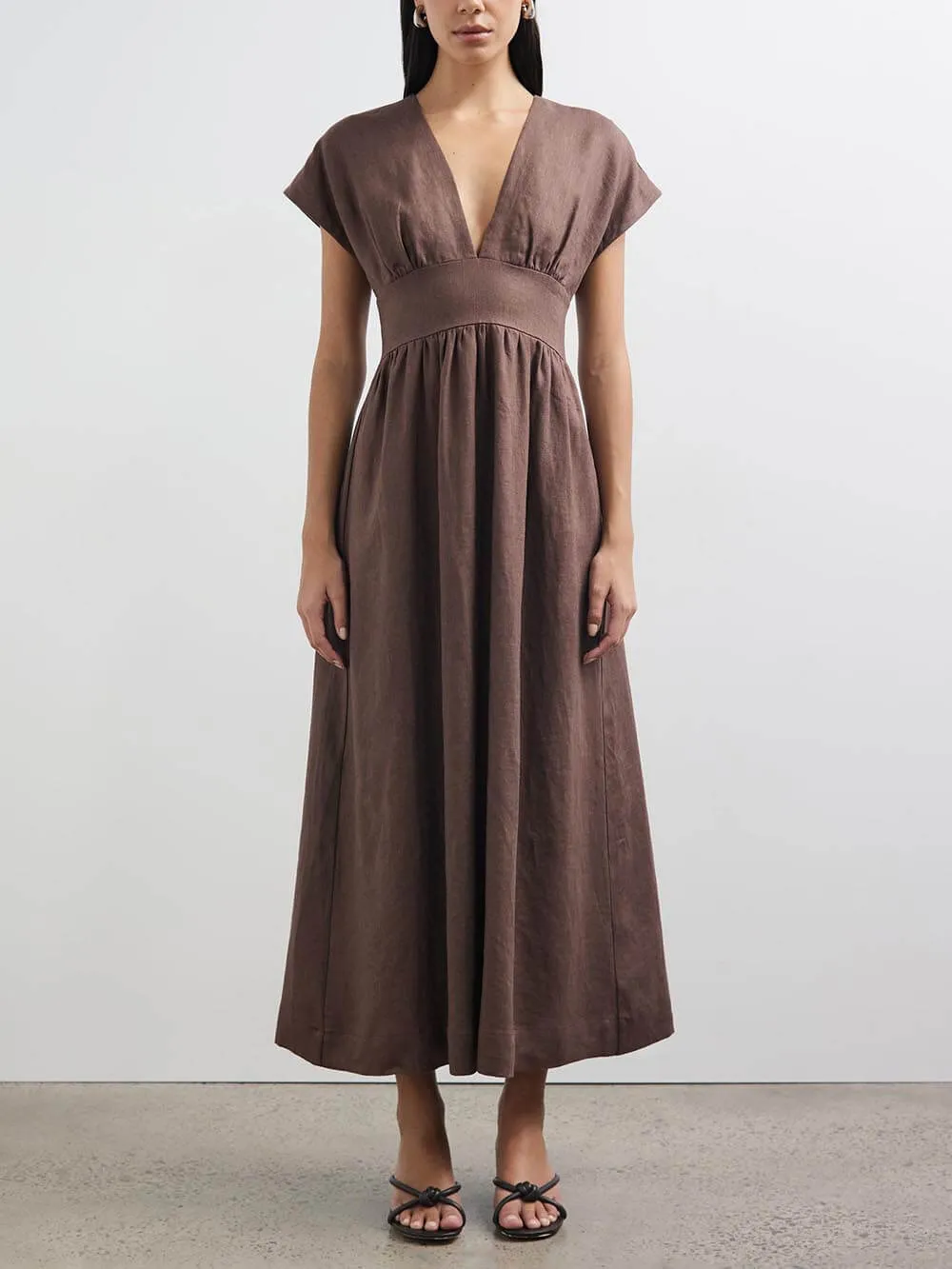 Classic Linen Blend Short Sleeve Fitted Waist Maxi Dress
