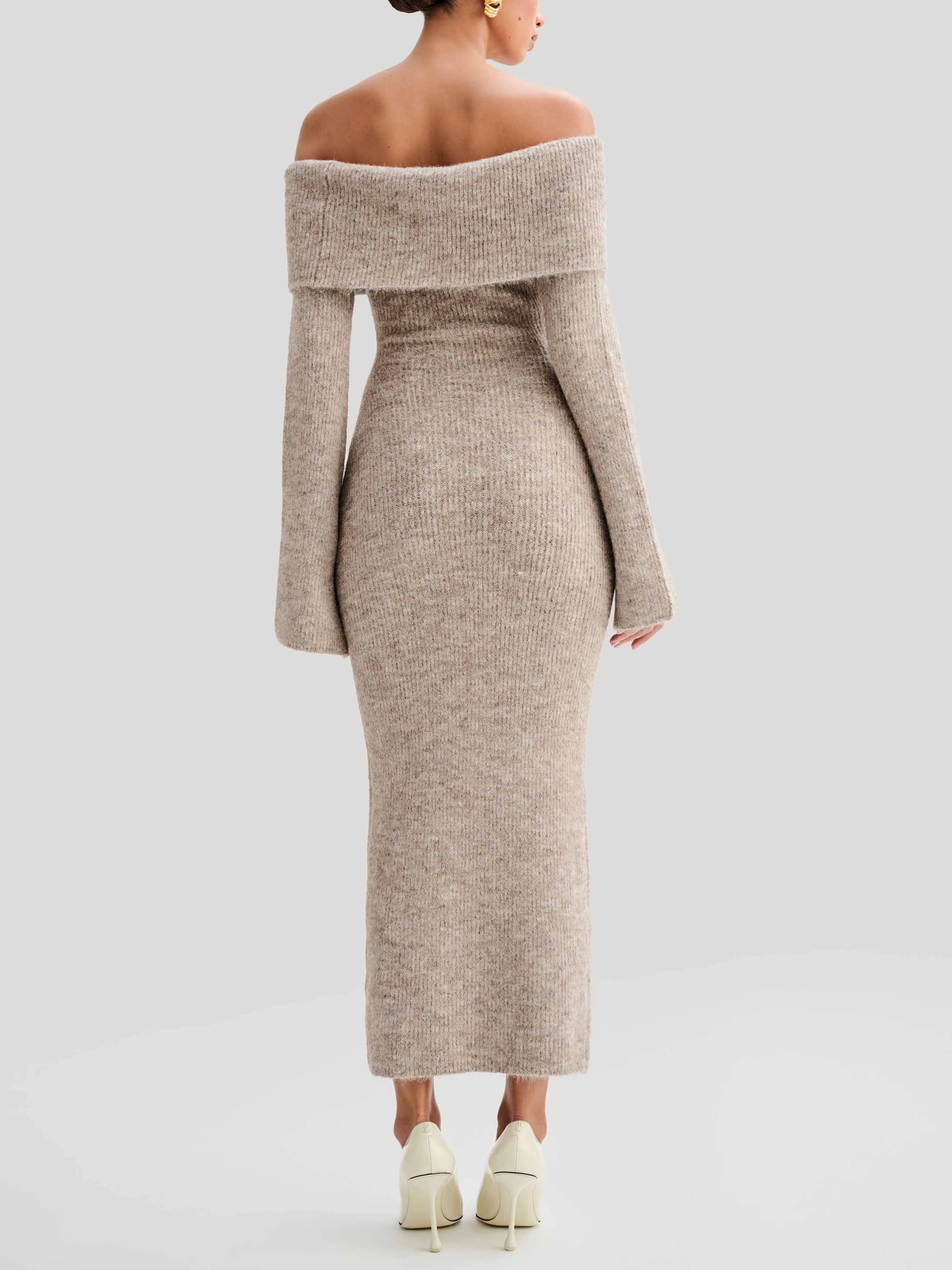 Sexy Off-The-Shoulder Fluffy Knit Midi Dress