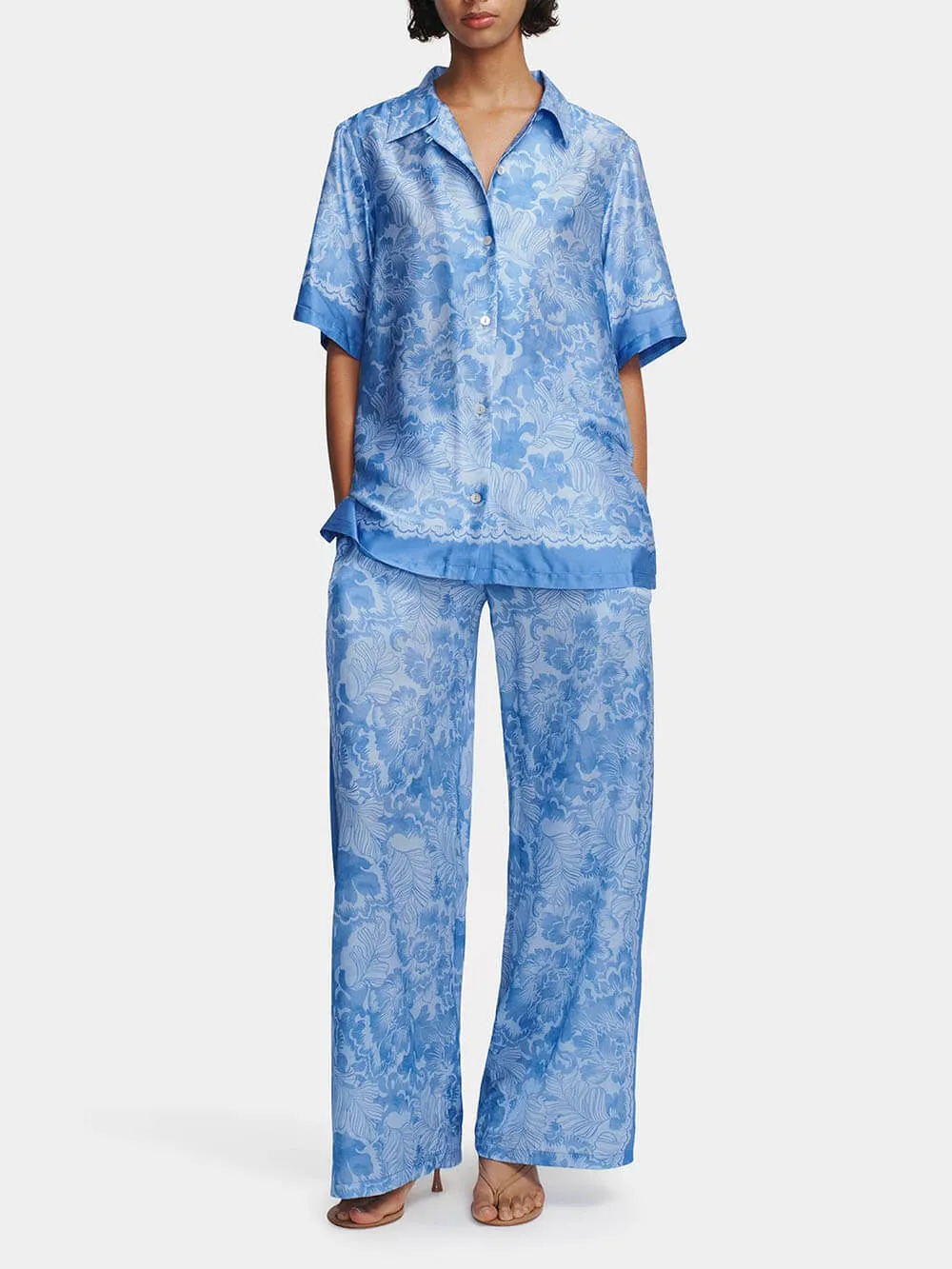 Modern Sophisticated Feel Satin Unique Zinnia Print Elastic Waistband Pocket Wide Leg Pants