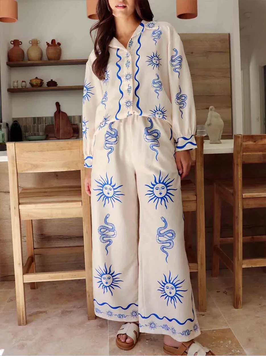Casual Summer Printed Wide-leg Pants