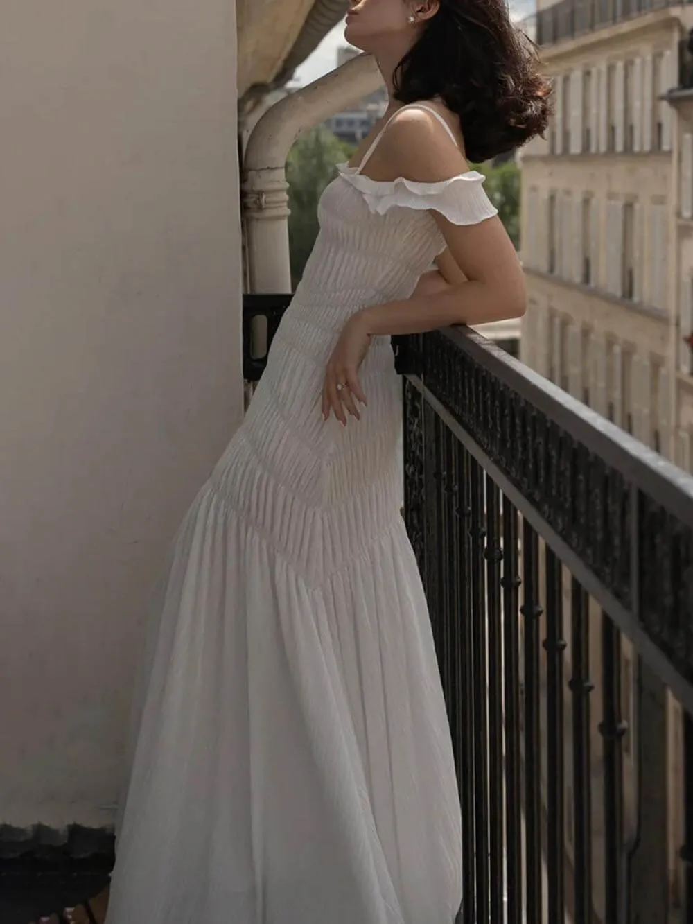 Classic Ruffled Pleated Suspender Maxi Dress