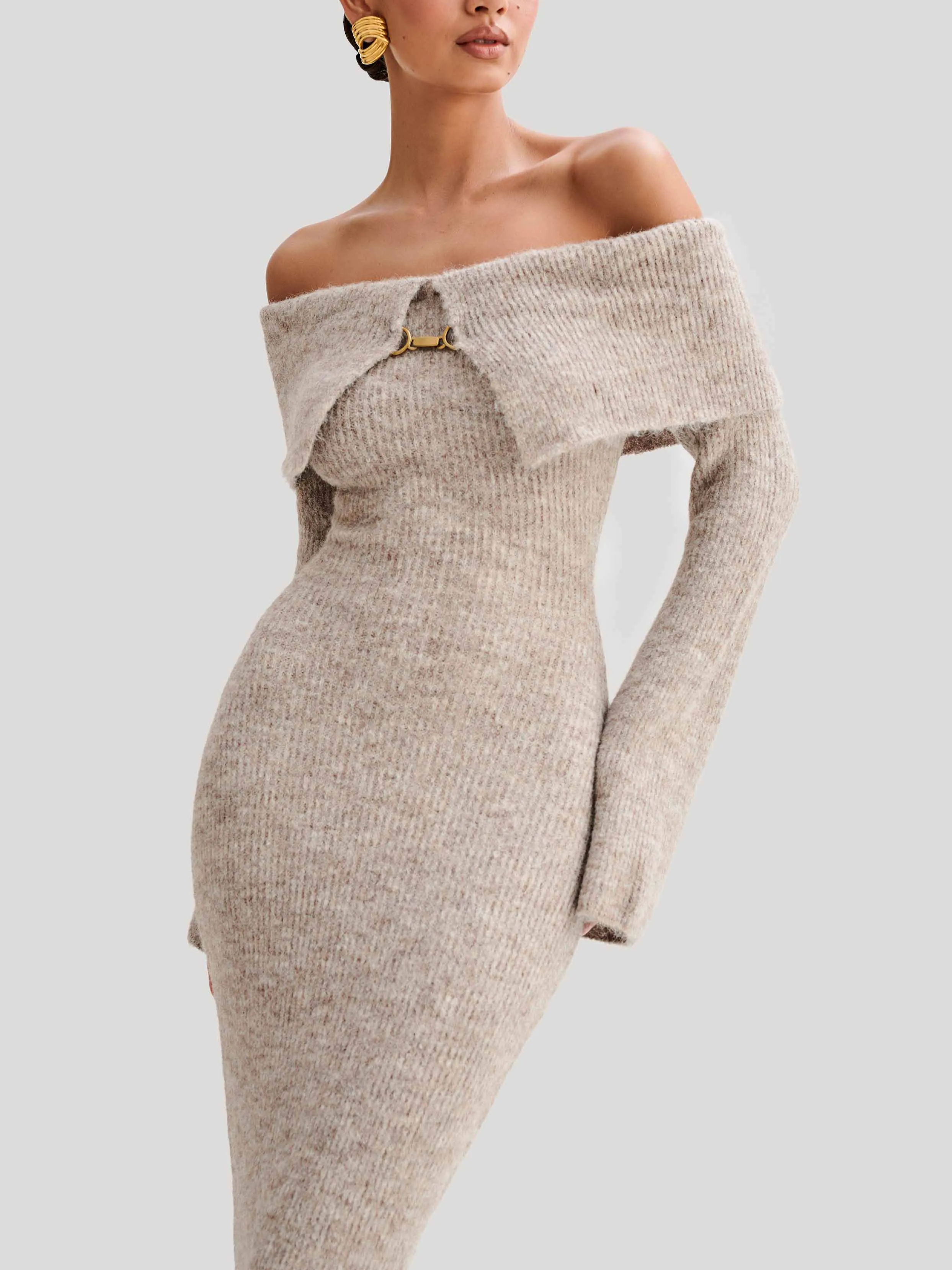 Sexy Off-The-Shoulder Fluffy Knit Midi Dress